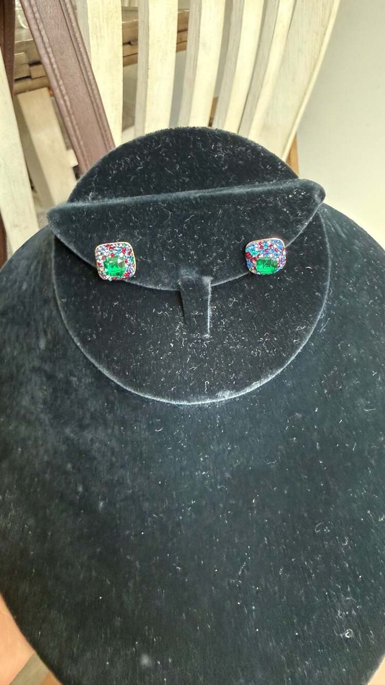 Kate Spade Multicolor Crystal and Emerald-Tone Square Stud Earrings